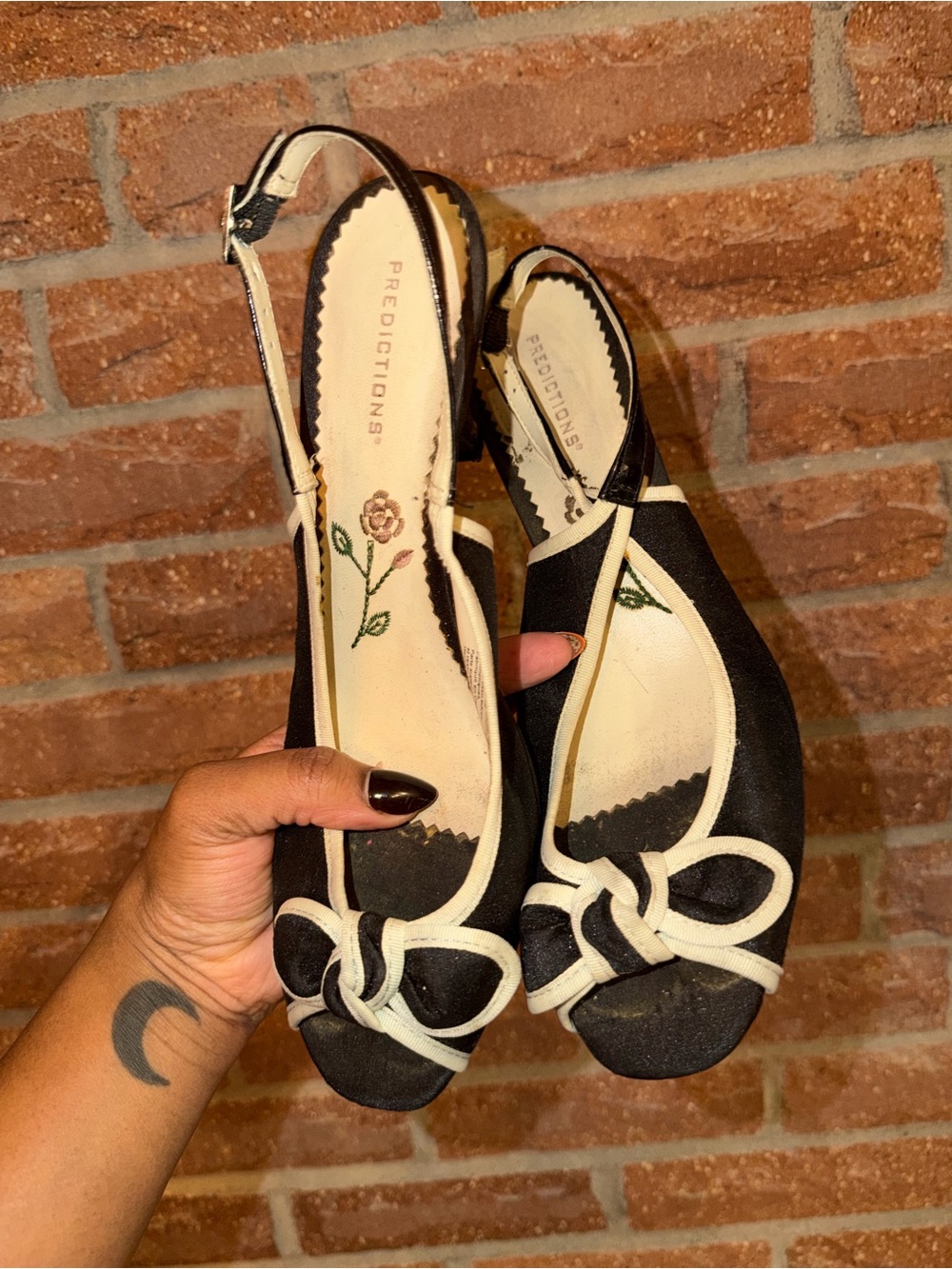 Predictions Black and Cream Slingback Knot Peep-Toe Flats